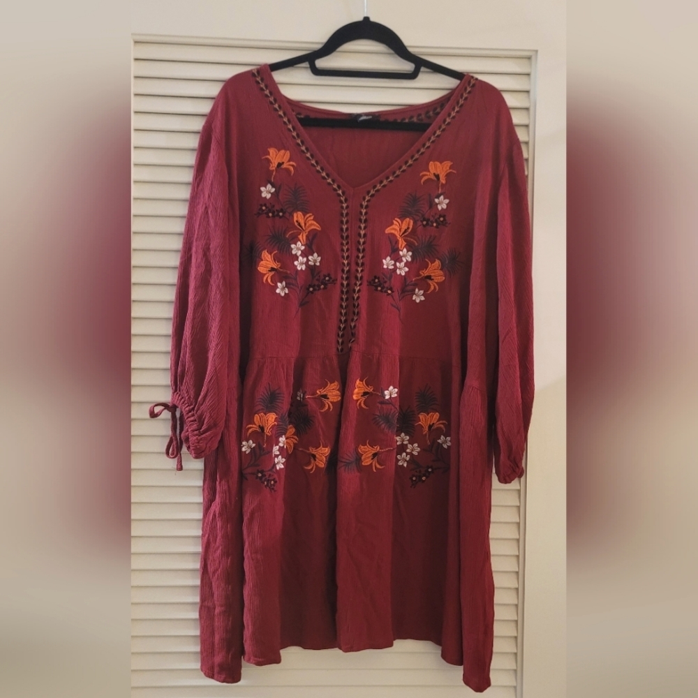 City Chic- (Plus-Size) Red Embroidered Bohemian Dress